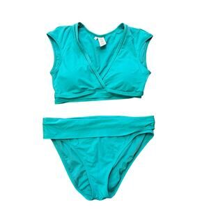 Teal Two Piece Bikini Set Size 8 Swim Crop Top Swimwear Beach Preppy Coastal